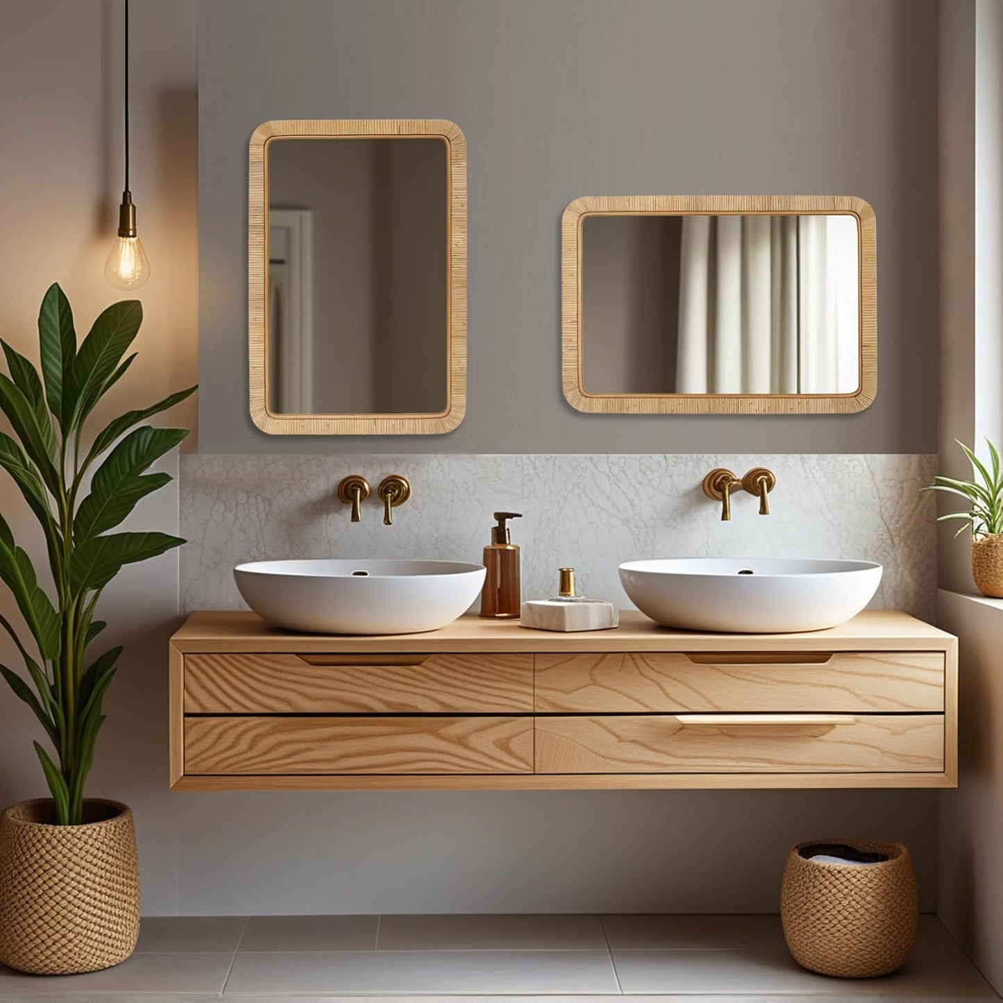 FUIN 20" x 30" Rattan Wicker Rectangle Wall Mounted Bathroom Mirror for Coastal Boho Nursery Decor, Natural