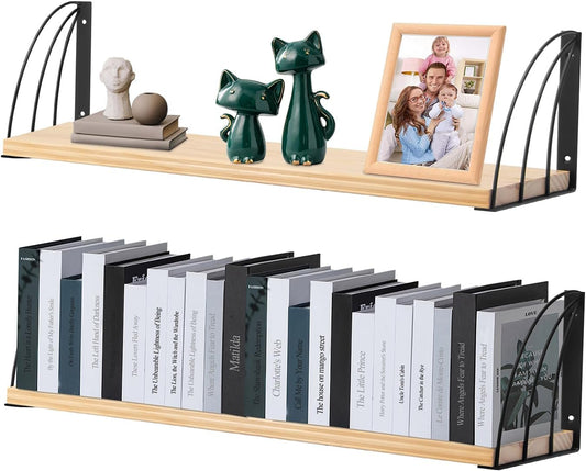 Floating Book Shelves for Wall,7.87" D x 31.5"" W Book Shelf for Wall Set of 2,Nature Wood Floating Shelves ,Long Rustic Unfinished Floating Shelves for Office,Bedroom - No Stain - Natural Unfinished