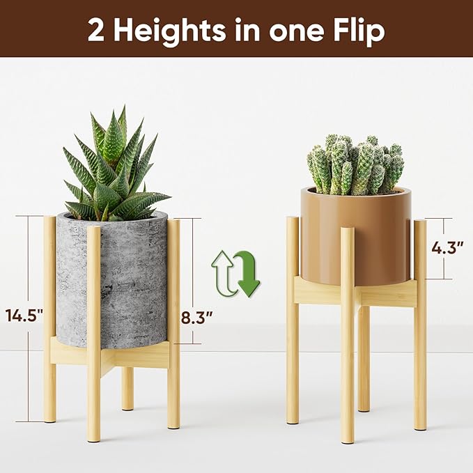 MUDEELA 14.5 Inch Tall Plant Stand for Indoor, Adjustable Width Bamboo Plant Stand for 8 9 10 11 12 Inches Pot, Single Tier Planter Holder Floor Stand, Mid Century Modern Style, Natural, Without Pot