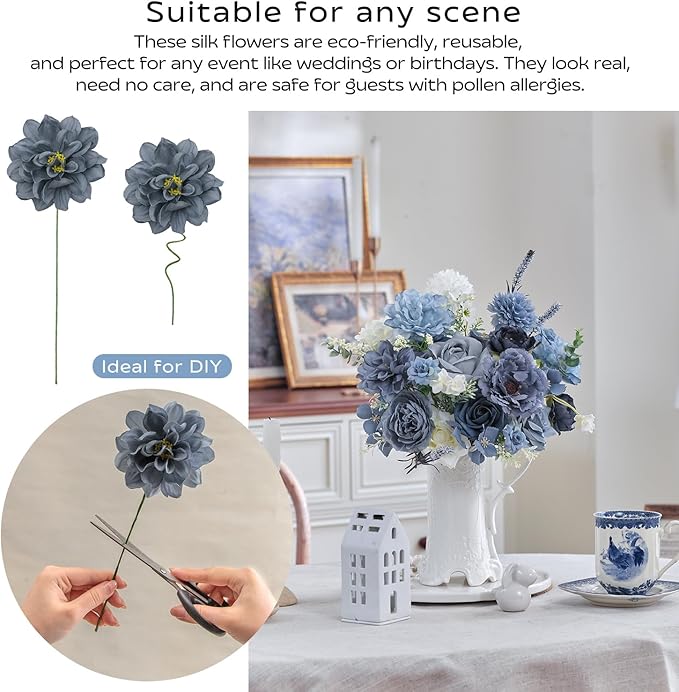 TINGE TIME Fake Flowers Artificial Flowers Peonies Bulbous Chrysanthemum Daisy Hydrangea Sunflower Violets Dahlia Daffodils Epiphyllum Orchid Cherry Blossom Camellia Leyaron (Dusty Blue)