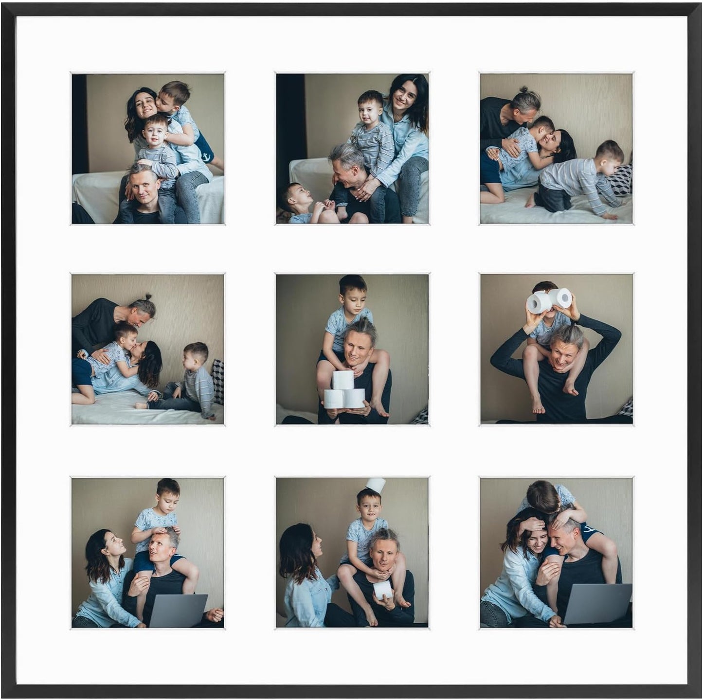 Frametory - 16x16 Aluminum Collage Picture Frame - Display 4x4 Pictures with 9 Openings Mat - Real Glass Front - Horizontal/Vertical Wall Mount - Black 1 Pack