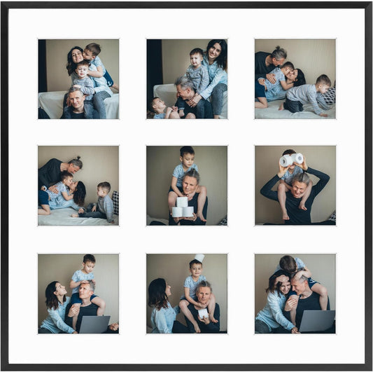 Frametory - 16x16 Aluminum Collage Picture Frame - Display 4x4 Pictures with 9 Openings Mat - Real Glass Front - Horizontal/Vertical Wall Mount - Black 1 Pack