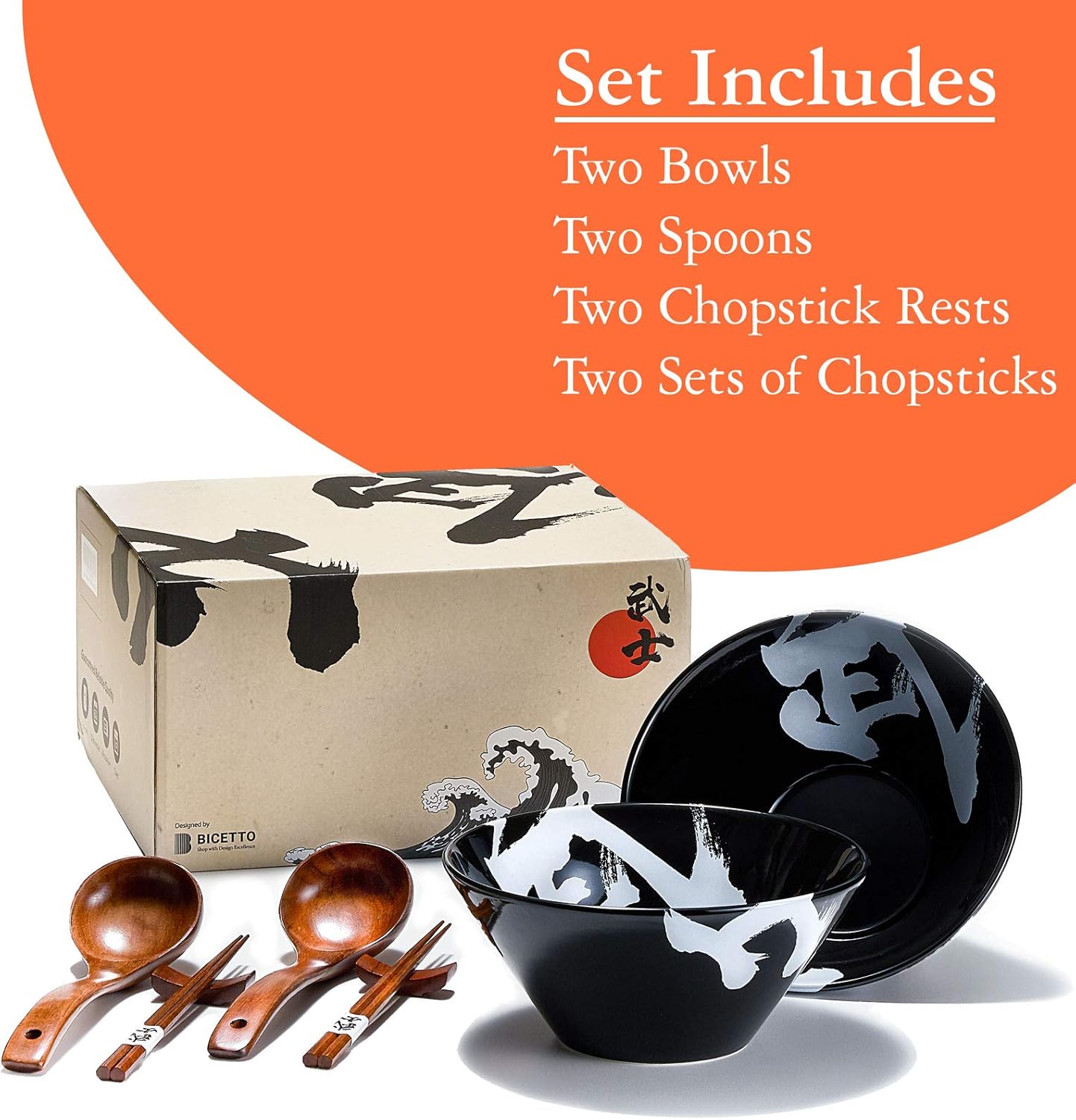 Japanese Ceramic Ramen Bowl Set, 60oz Large Ramen Bowls with Chopsticks, Spoons and Chopstick Rests – Bowl for Ramen, Pho, Salad, Poke, Soup, Udon – Minimalist Design, Premium Quality, Black