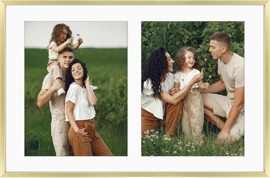 Frametory - 12x19 Aluminum Collage Picture Frame - Display 8x10 Pictures with 2 Openings Mat - Real Glass Front - Horizontal/Vertical Wall Mount - Gold 1 Pack
