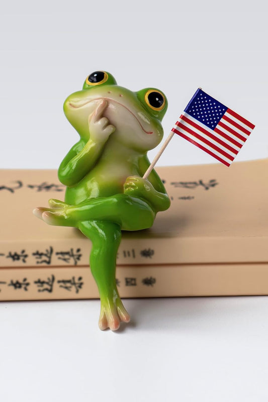 Frog Figurine, Whimsical Hand-Painted Resin Frog Statue with Flower and Flag, Shelf Decor for Living Room Desk Office, Charming Funny Frog Garden Decor, Frog Birthday Gift for Women