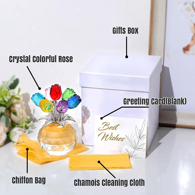 Ornalrist Crystal Colorful Rose Flower Collectible Figurine with Vase, Rose Bouquet Floral Romantic Gifts for Wife Mom Women on Mother's Day Valentine's Anniversary Christmas (5.11'' Gift Boxed)