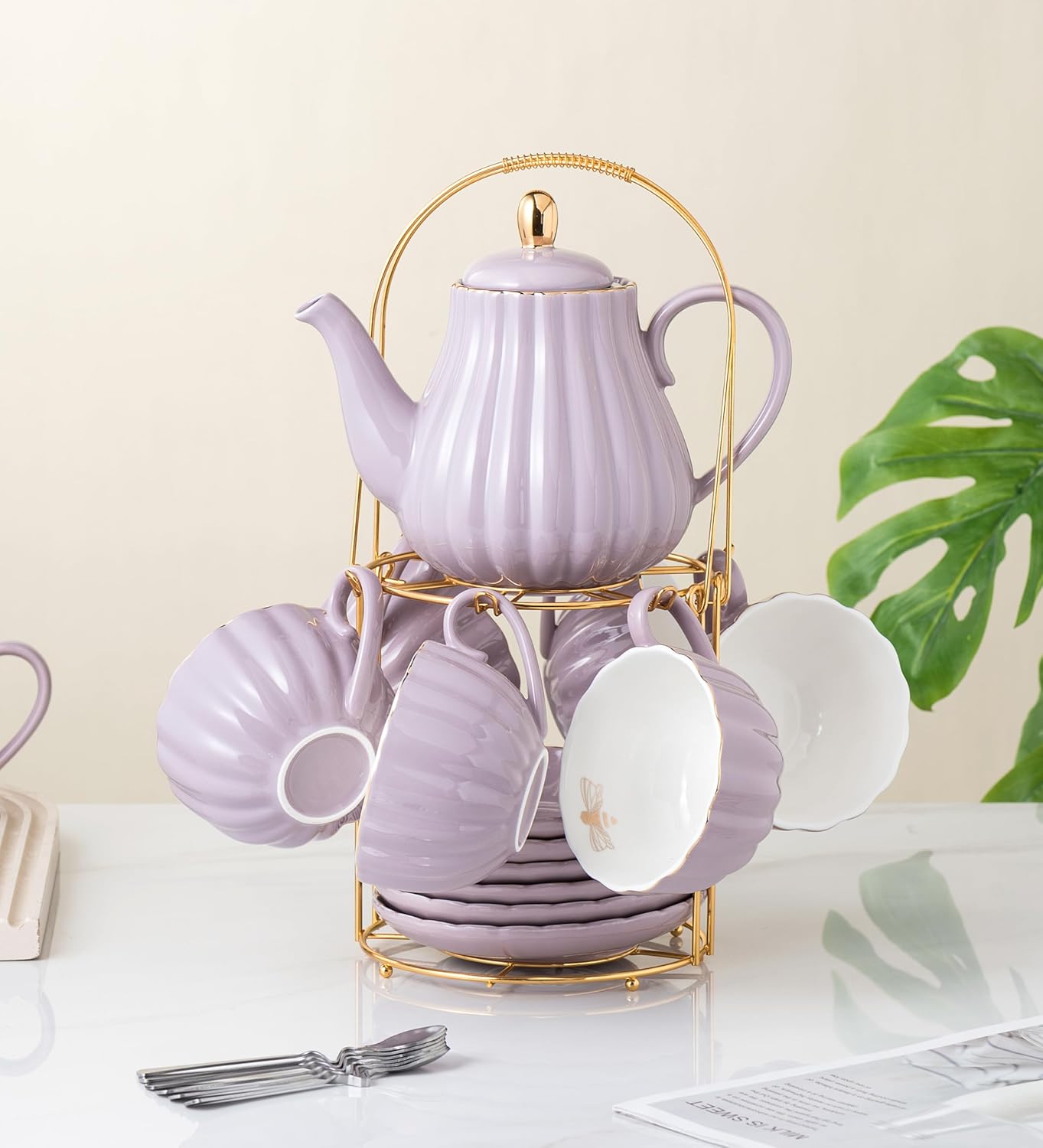 Clay Tonic- 8 OZ Fine China Purple Coffee Cup/Teacup Set, Cups & Saucer, with Teapot-Sugar Bowl-Cream Pitcher Teaspoons and tea strainer for Tea/Coffee,24-Pieces- Service for 6 (Purple)