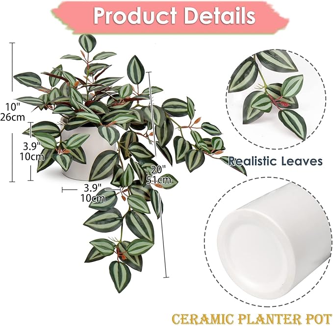 Fake Hanging Plants, 20 Inch Artificial Ivy Plant in Ceramic Pot Faux Vine Potted for Home Bedroom Office Table Shef Indoor Outdoor Decor Desk (Green/Red)