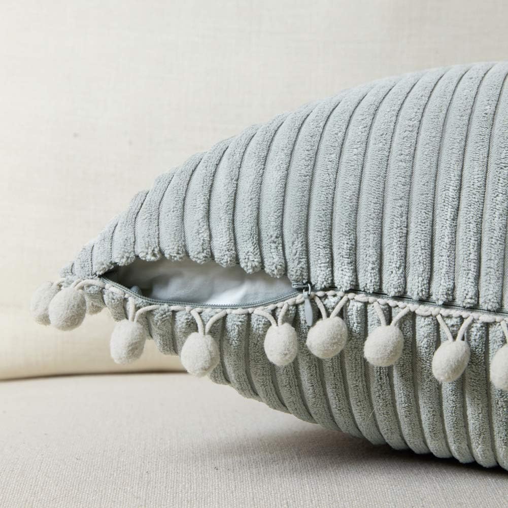 Fancy Homi Pack of 2 Farmhouse Decorative Throw Pillow Covers with Pom-poms, Soft Corduroy Accent Solid Square Cushion Case Set for Couch Sofa Bedroom Car Living Room (18x18 Inch/45x45 cm, Grey)