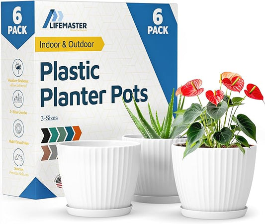 White 6-Inch Plant Pots with Drainage & Saucers 6 Pack, Indoor & Outdoor Planters for Houseplants, Herbs, and Flowers, Durable & Weatherproof Material, Stackable, Lightweight, Minimalist Design