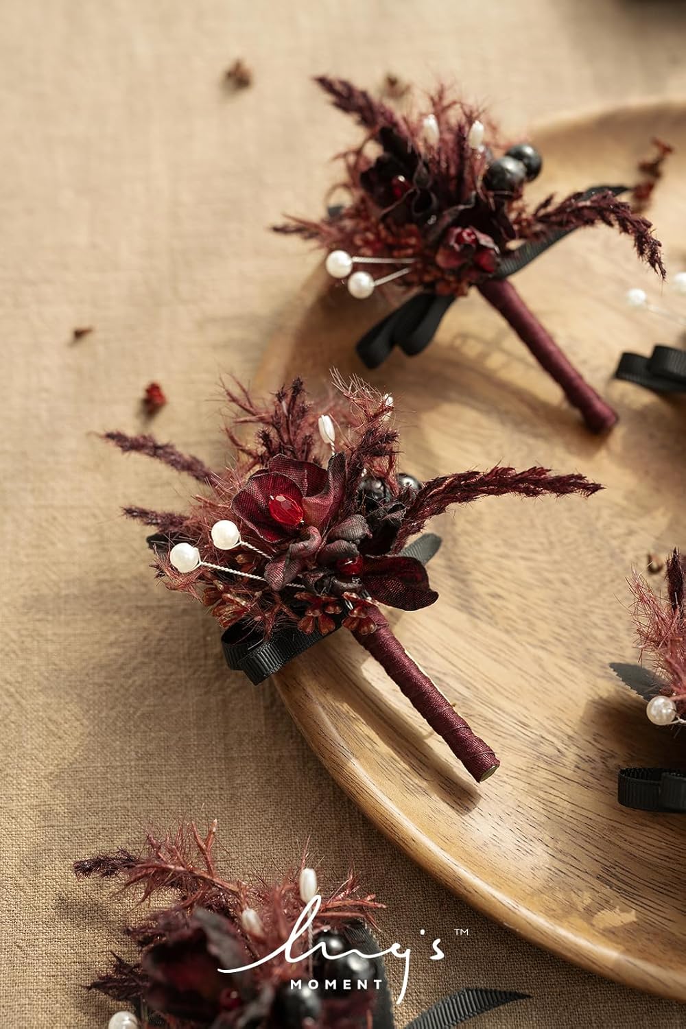 Ling's Moment Boutonniere for Men, 10pcs Groomsmen Guest Boutonniere, Artificial Flowers for Wedding Décor/Prom/Homecoming,etc.Black Gothic Burgundy