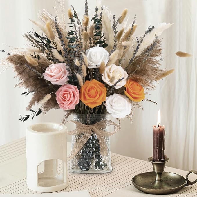 107pcs Natural Dried Pampas Grass Decor with Vase Artificial Flowers in Vase Boho Home Decor Bouquet Bunny Tails Dried Flowers, Reed Grass Bouquet for Wedding Floral Arrangements (107pcs)