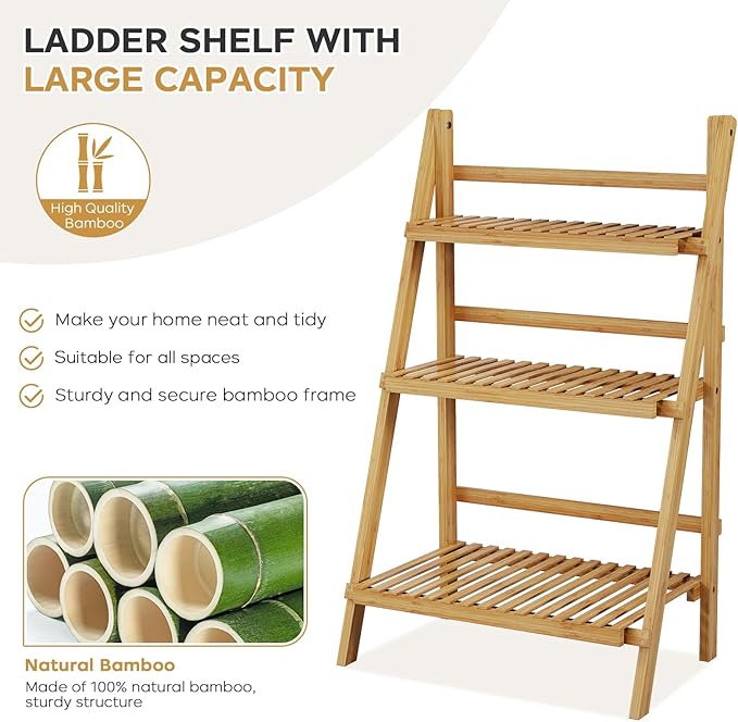 Foldable Plant Shelf Ladder Shelf, 3 Tier Bamboo Ladder Flower Pot Display Shelf, Freestanding Ladder Bookshelf Rack for Garden, Balcony, Yard, Living Room, 23.6" W x 15" D x 39.4" H, Natural