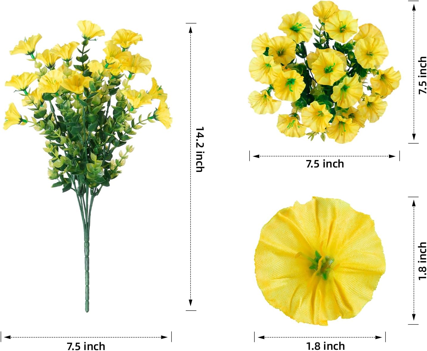 Fake Mums Fall Artificial Flowers Plants for Outdoors Autumn Decoration, 12 Bundles Yellow Silk Morning Glory with Eucalyptus Realistic UV Resistant Faux Flowers for Outside Planter Yard Garden Porch