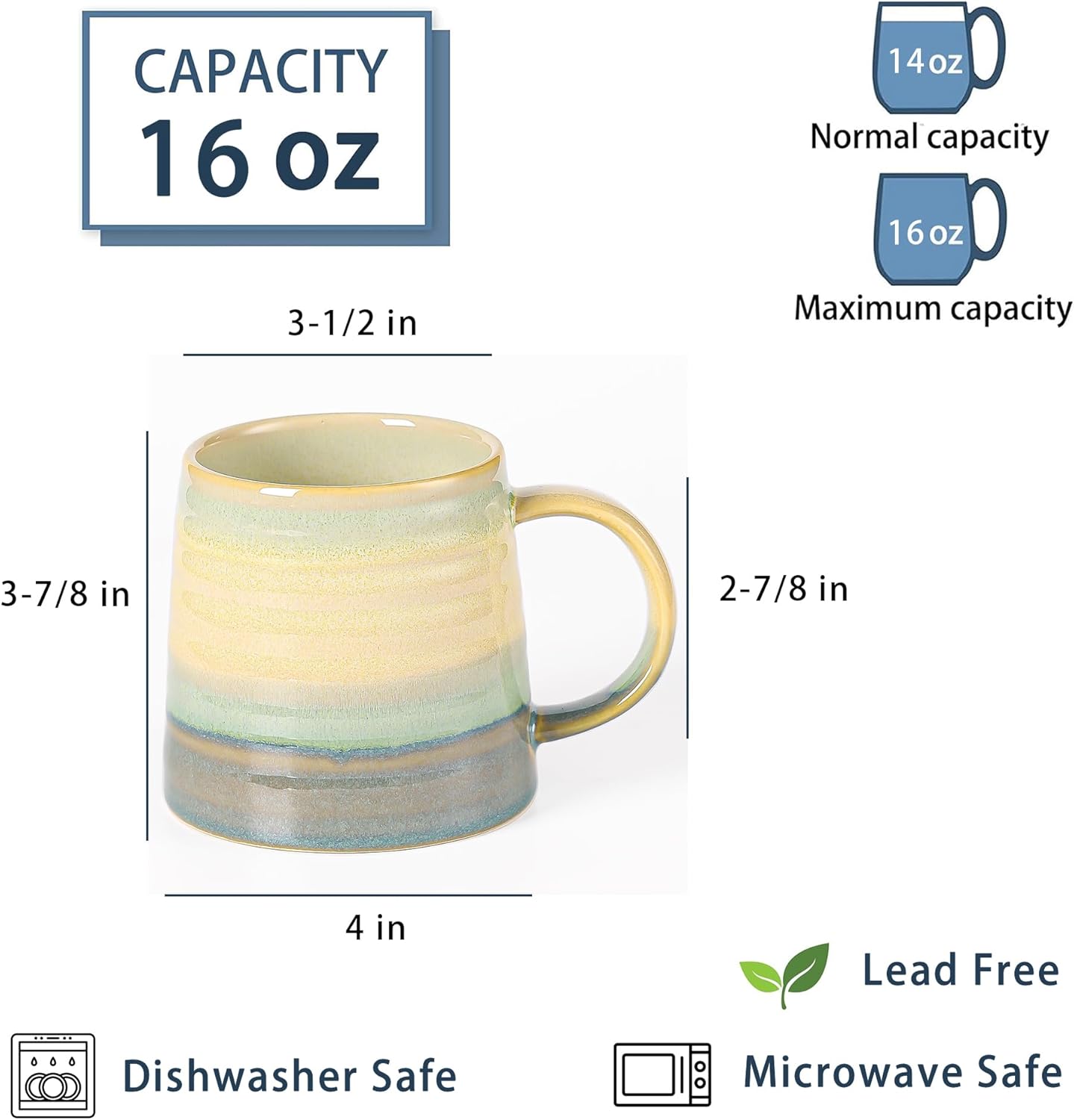 Large Ceramic Coffee Mugs, Handmade Pottery Mug, Tea Cups with Handle for Office and Home, 16 Ounces, Dishwasher and Microwave Safe (Grayish Blue)