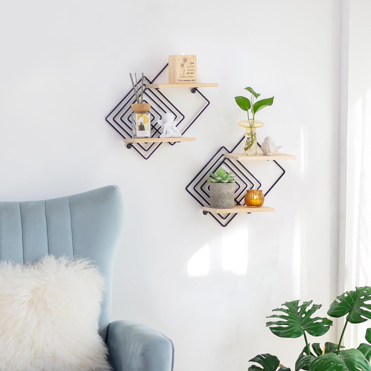 Bedroom Shelves for Wall Decor - Set of 2 Small Floating Shelf 2 Tier Modern Shelves Wall Mount Wood Geometric Hanging Plant Shelf Organizer for Bathroom