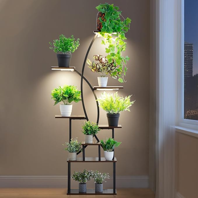 Plant Stand Indoor with Grow Light,8 Tiered Tall Plant Shelf for Multiple Plants, 64.6" Tall Plant Stands for Indoor Plants, Wooden Display Rack Holder, X-Shape Plant Rack, Corner Flower Stand for Living Room, Garden, Patio