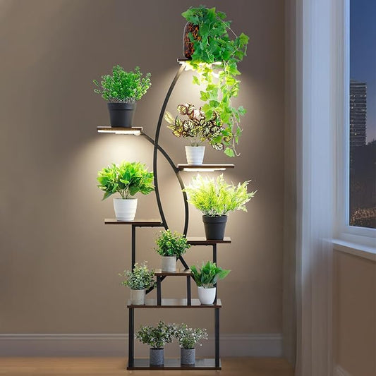 Plant Stand Indoor with Grow Light,8 Tiered Tall Plant Shelf for Multiple Plants, 64.6" Tall Plant Stands for Indoor Plants, Wooden Display Rack Holder, X-Shape Plant Rack, Corner Flower Stand for Living Room, Garden, Patio