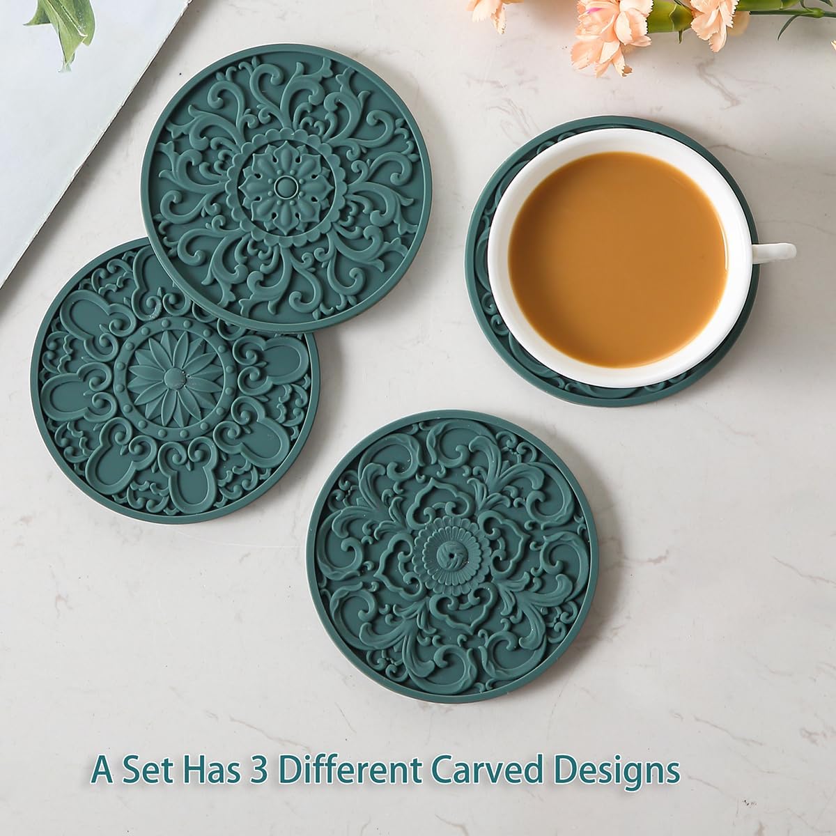 Colinda Silicone Coasters - Set of 6 with Holder, Non-Slip Cup Mats for Hot and Cold Drinks, Decorative Designs, Gift Ready Packaging,Malachite Green