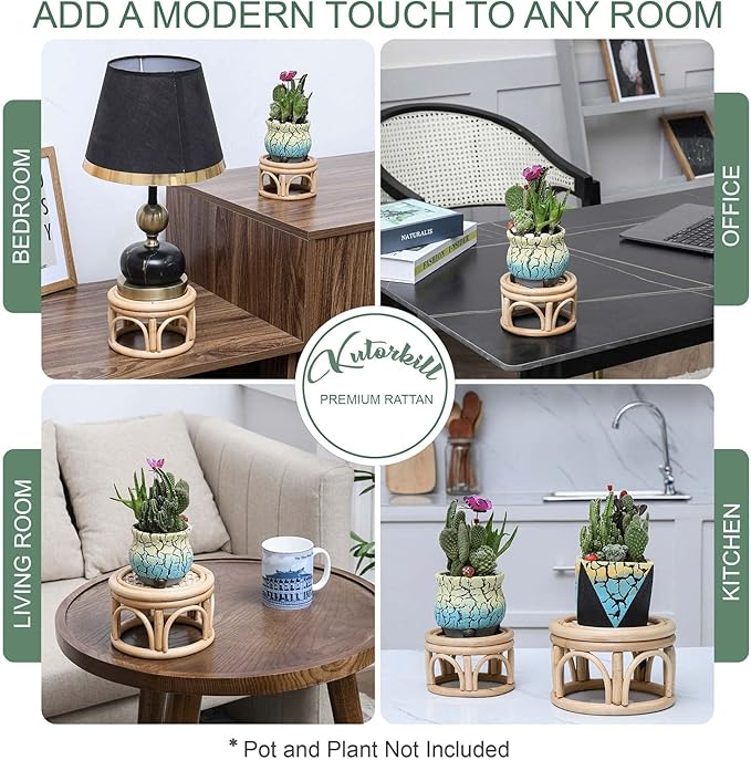 Set of 2 Small Boho Rattan Wicker Round Riser Plant Stand Indoor,Rustic Farmhouse Natural Wooden Circle Pedestal for Decor & Display, Tabletop, Office Decor