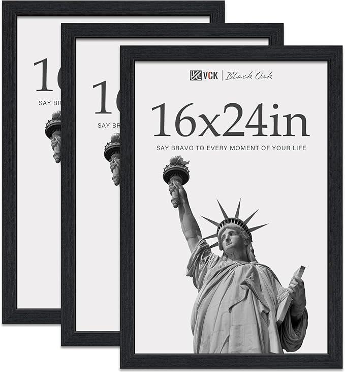 VCK 16x24 Frame for Poster & Picture - Black Oak 3 Pack, Natural Textured Solid Wood Frame, Wall Hanging