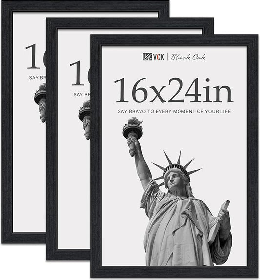 VCK 16x24 Frame for Poster & Picture - Black Oak 3 Pack, Natural Textured Solid Wood Frame, Wall Hanging