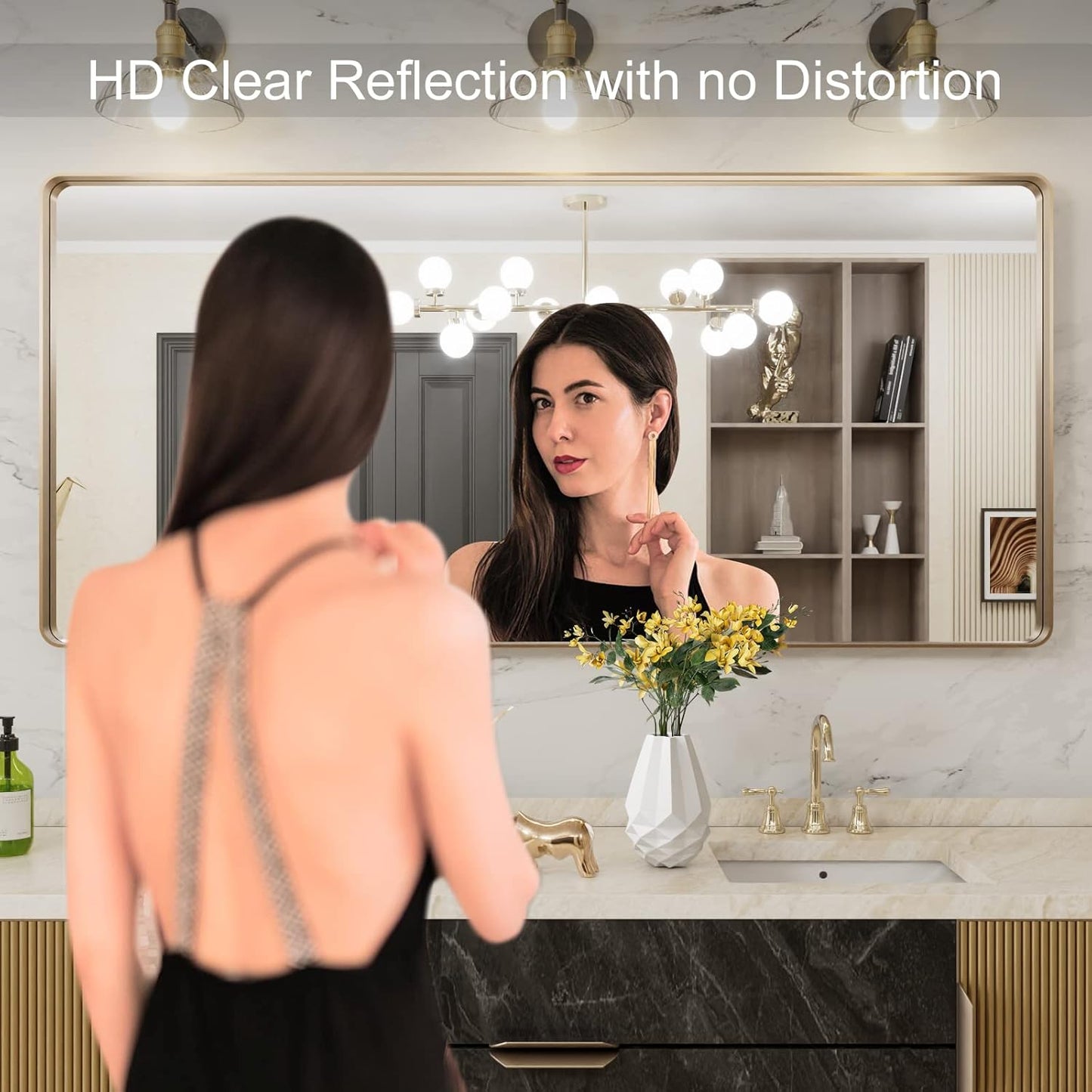 LOAAO 60”X28” Gold Bathroom Mirror, Rounded Rectangle Gold Frame Mirror, Brushed Gold Bathroom Vanity Mirror Wall-Mounted, Anti-Rust, Tempered Glass, Hangs Horizontally or Vertically