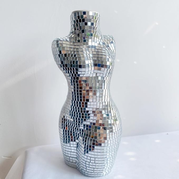 Modern Chic Vase Form, Centerpieces 7 inch Silver Handmade Ceramic Disco Shaped Vase, Creative Disco Floral Vases for Flowers Plant Boho Home Art Decor, 3x2.4x7inches