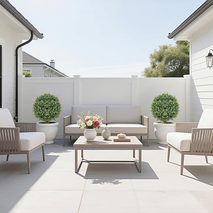 24 Inch Artificial Topiary Boxwood Ball Trees Outdoor – Set of 2 UV Resistant Faux Boxwood Topiary, Fake Potted Shrubs Evergreen for Front Door Porch Patio Balcony Home Decoration