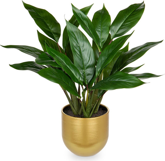 Fake Plants 17'' Faux Plants Artificial Potted Plants Indoor Realistic Fake Cast Iron Plant Artificial Plants with Gold Pot for Home Office Farmhouse Kitchen Bathroom Table Shelf Decor