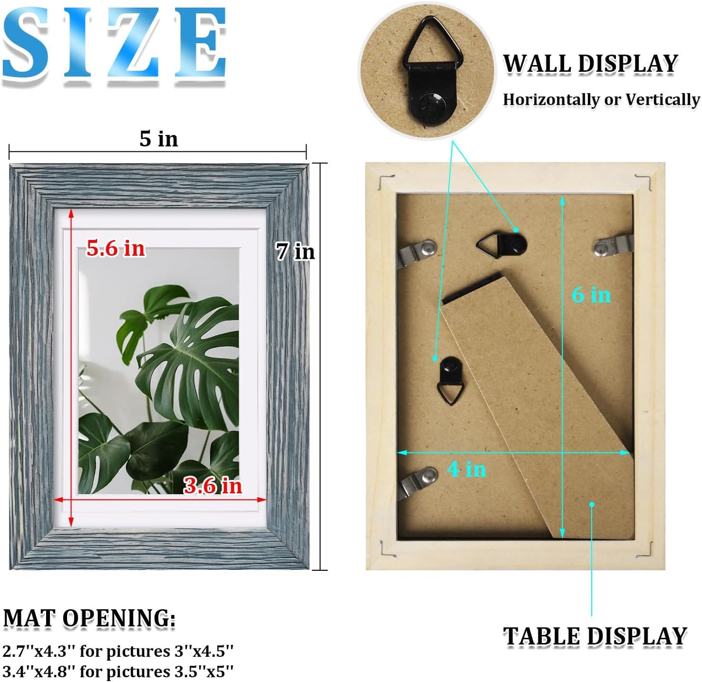 Egofine 4x6 Picture Frames Set of 4, Made of Solid Wood Covered by Plexiglass 3.5x5 with Mat or 4x6 without Mat, for Table Top Display and Wall Mounting Photo Frame Rustic Blue
