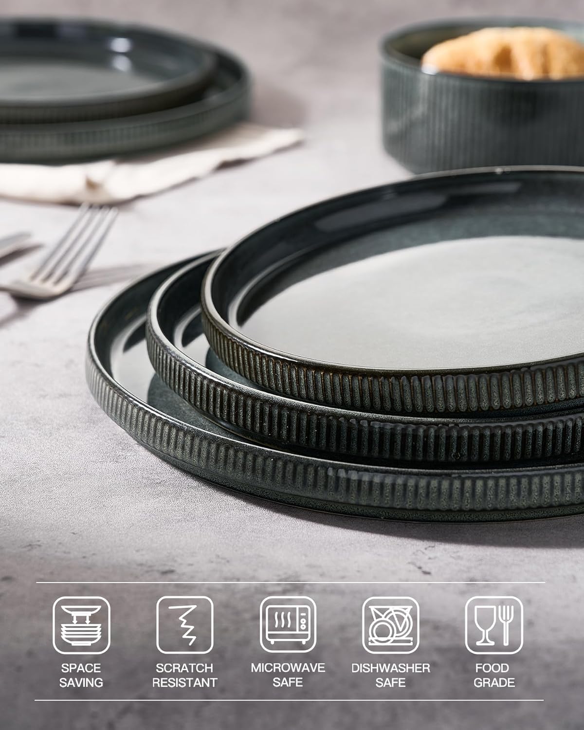 famiware Star Salad Plates for 6, 8 inches Plate Set, Stoneware Dinnerware, Small Dinner Plates for Dessert, Salad, Appetizer,Deep Forest