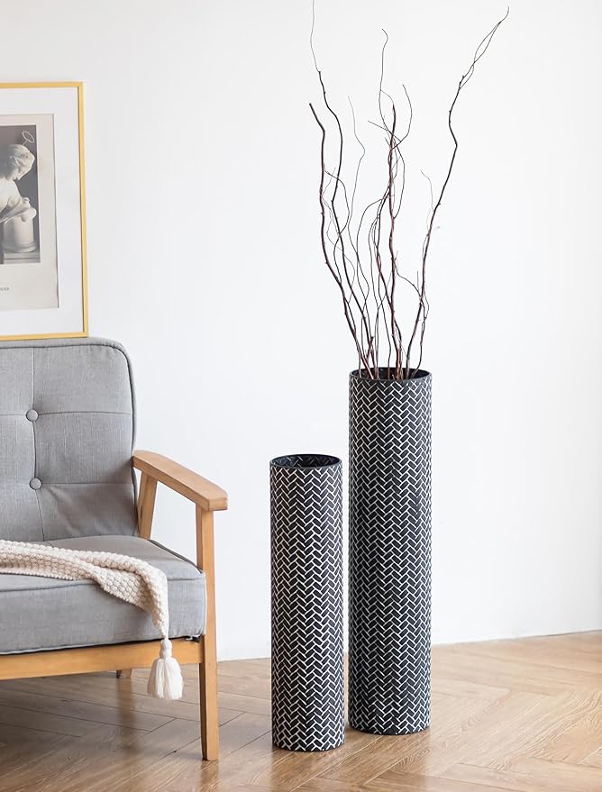 Sziqiqi Black Tall Floor Vase: 27.6/21.7in Metal Modern Cylinder Floor Vases - Woven Texture Extra Large Decorative Vase Set of 2 Home Decor for Living Room Bedroom Home Corner Indoor Office