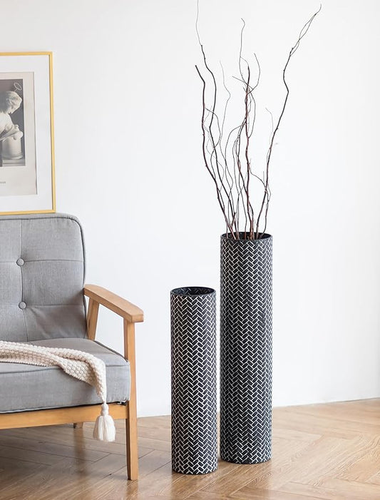 Sziqiqi Black Tall Floor Vase: 27.6/21.7in Metal Modern Cylinder Floor Vases - Woven Texture Extra Large Decorative Vase Set of 2 Home Decor for Living Room Bedroom Home Corner Indoor Office