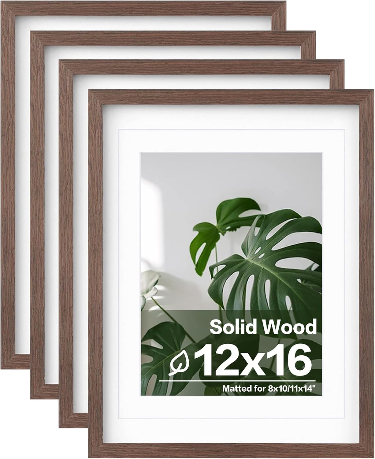 Egofine 12x16 Picture Frames Set of 4, Made of Solid Wood Covered by Plexiglass 9x12 and 11x14 with Mat or 12x16 without Mat, for Wall Mounting Photo Frame Brown