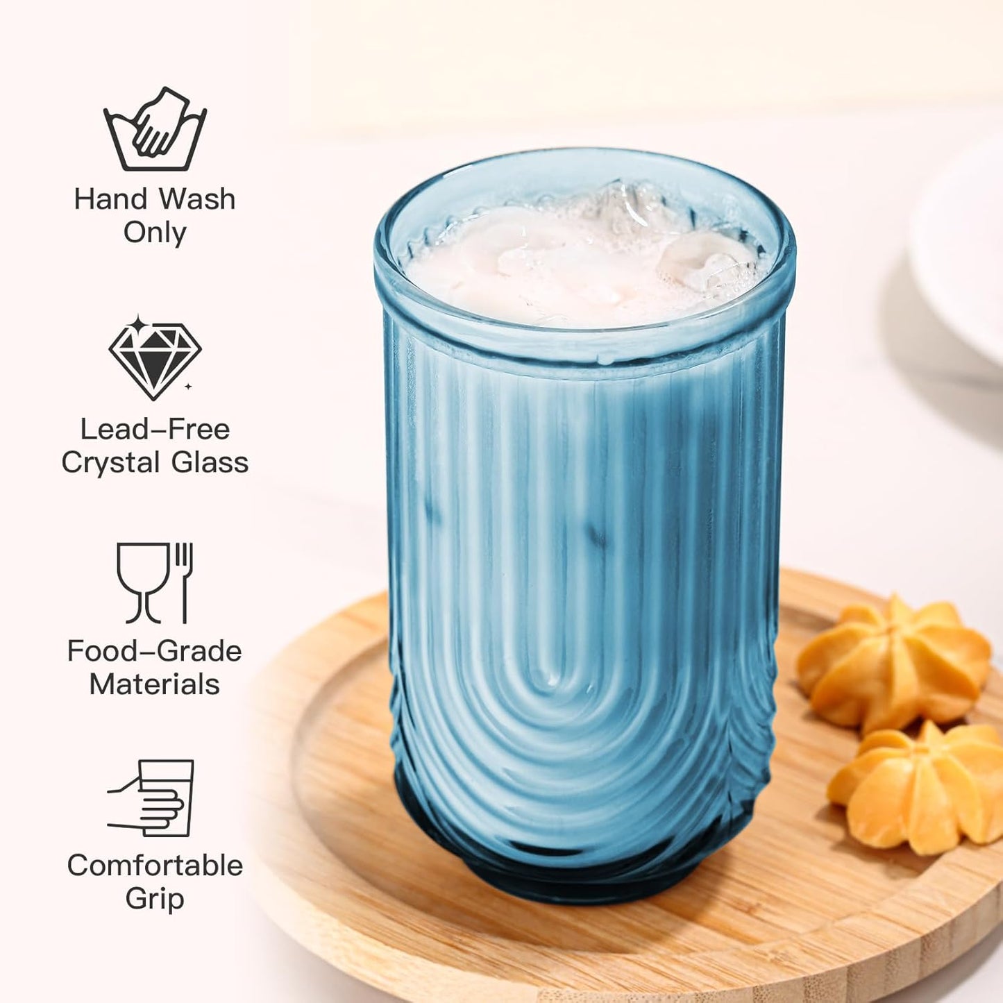 Blue Vintage Glassware Set of 6-17Oz Blue Water Drinking Glass, Art Deco Ripple Highball Glass, Whiskey Cocktail Glasses, for Bar Beverages Ice Coffee Juice, Housewarming Gifts