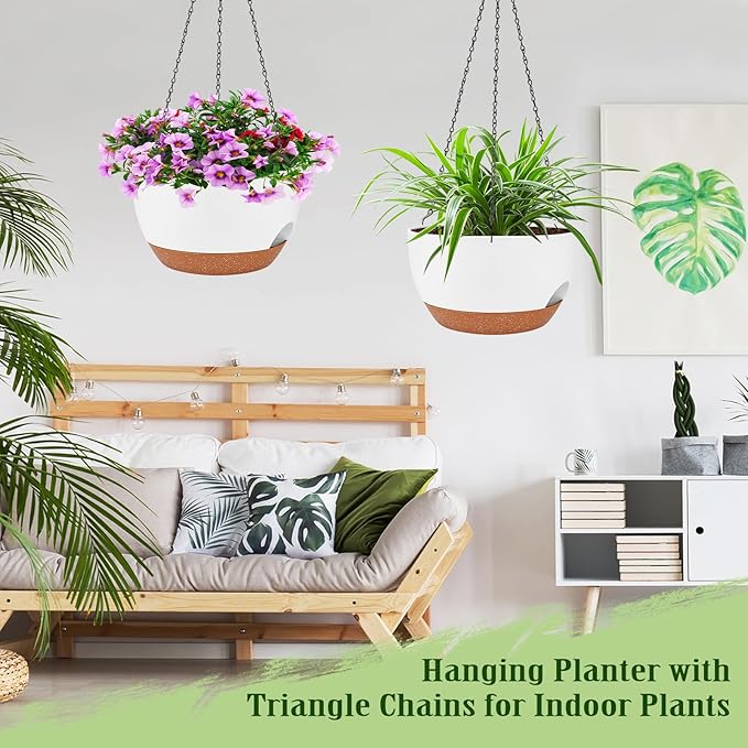 Hanging Planters for Outdoor Indoor Plants, 2 Pack 10 Inch Hanging Basket Plants Outdoor, Self Watering Hanging Planter with Plant Hanger for Garden Home Decoration (White, 10 inch)