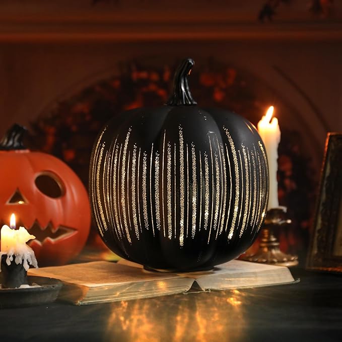 VCUTEKA Glass Pumpkin Lights, Lighted Pumpkins Halloween Decorations for Home, Pumpkin for Indoor Decor and Thanksgiving Centerpieces Tables Decor, Black