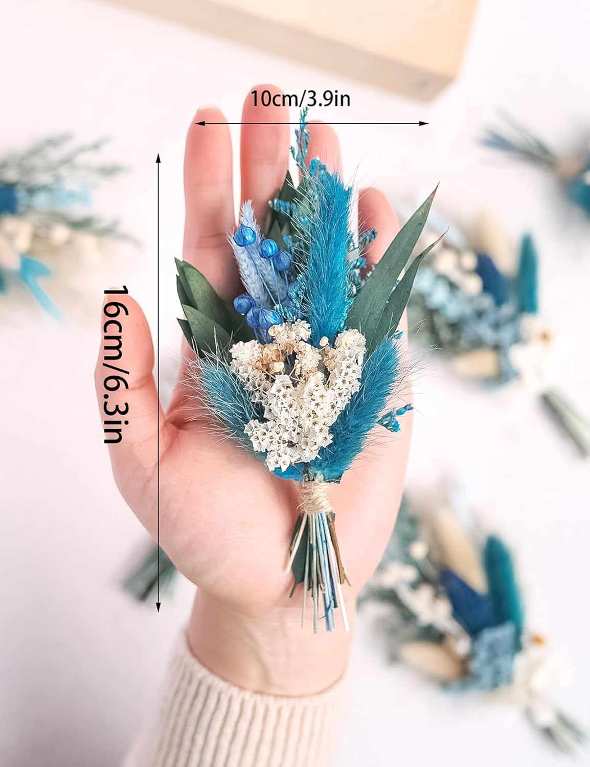 Mini Dried Flower Bouquets (Pack of 6), Blue DriedFlower Bouquets, Groomsmen and Groomsmen Boutonnieres, Dried Cake Flowers, Wall Decorations, Dried Card Flowers. (Grey Blue)