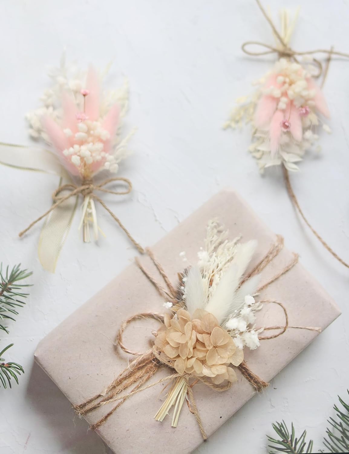 Mini Dried Flower Bouquet Set (12 pcs), Pink Bouquet, Birthday Cake Arrangement, Bridesmaid Flower Girl Proposal Gift Box, Groom Corsage(Pink)