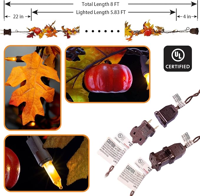 Thanksgiving Decorations Maple Leaf String Lights Plug in 120V, Fall Leaves Garland With Lights, 35 Bulbs Lighted for Halloween Outdoor Thanksgiving Decor