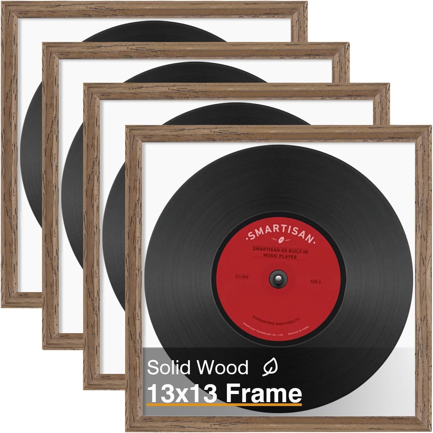 KINLINK 13x13 Picture Frame, Brown Square Solid Wood Frames for Pictures 13x13 without Mat and 12.5x12.5 Music Record Album, Wall Display Photo Frames Brown Wood 1 Pack