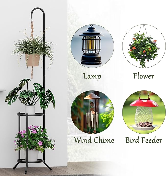 2-tier Hanging Plant Stand Indoor and Outdoor, Space-Saving Iron Plant Shelf, 3 Potted Flower Pot Stand ,Planter Holder for Bedroom Balcony Living Room Patio Garden(Hook Style)