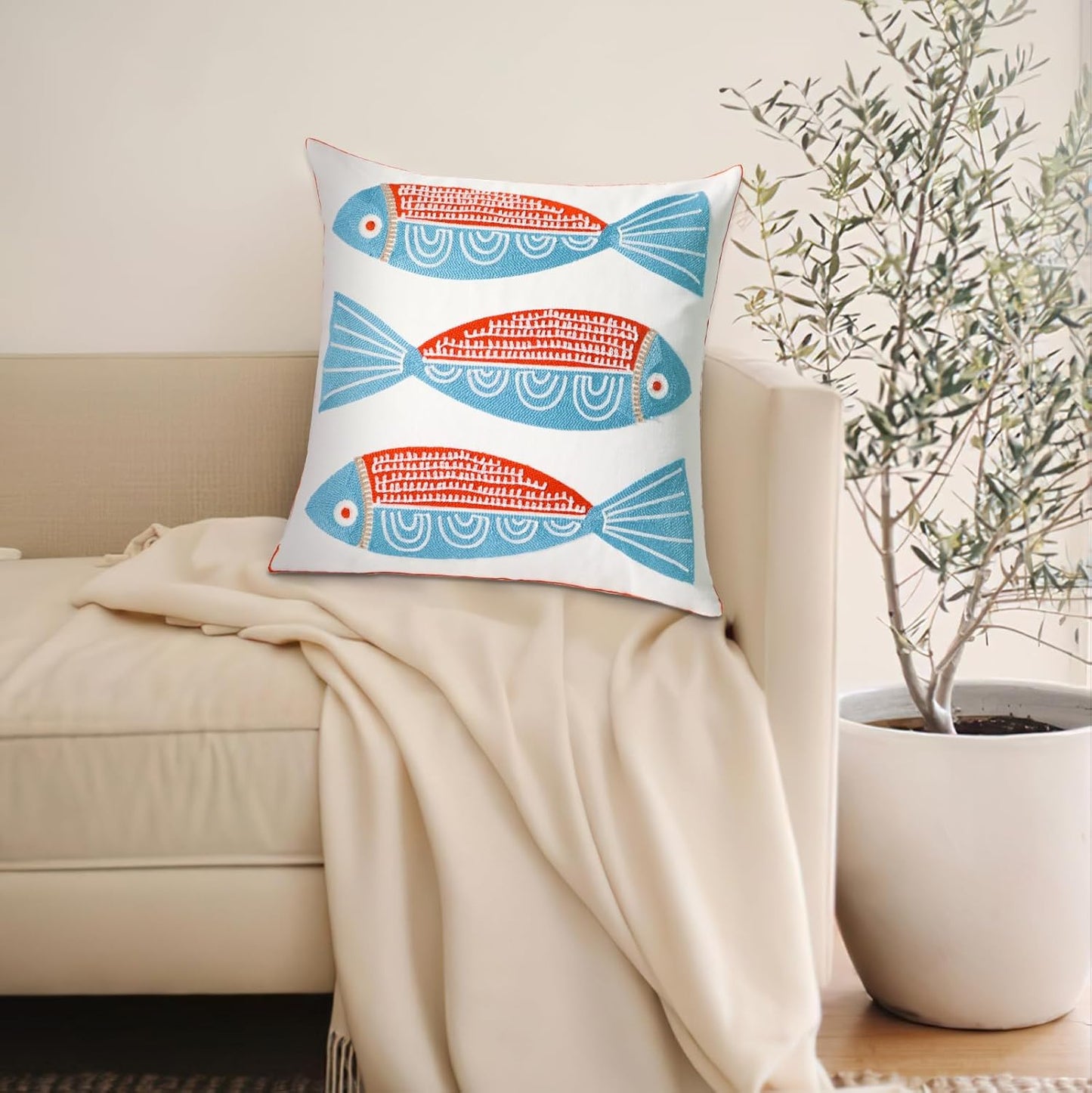 1 PCS Embroidered Throw Pillow Cover Cotton Decorative Square Cushion Cases for Home Sofa Bed and Chair 18 x 18 Inch (Red Fish)