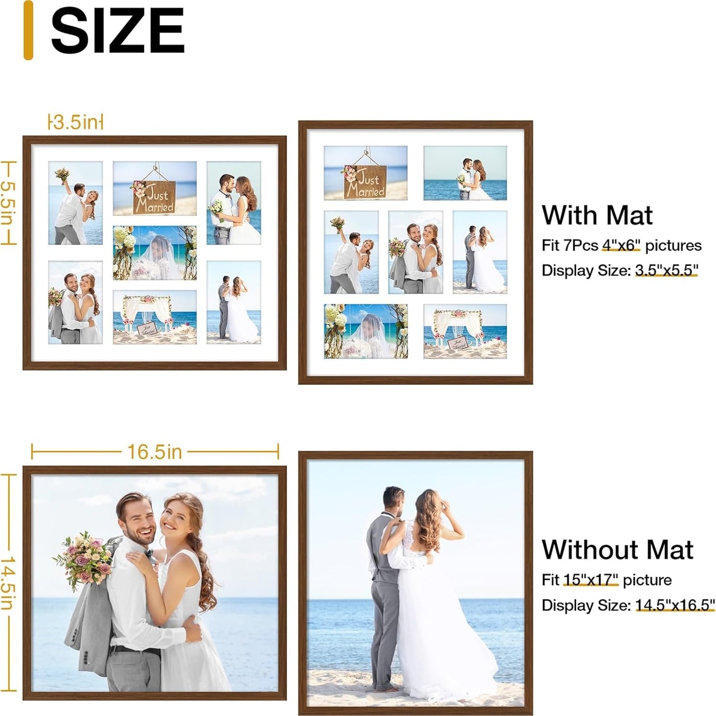 decorUhome 15x17 Picture Frames Collage Wall Decor, Display 7Pcs 4x6 Photos with Mat or 1Pcs 15x17 Unmatted, 7 4x6 Collage Picture Frames for Wall Mounting, Brown