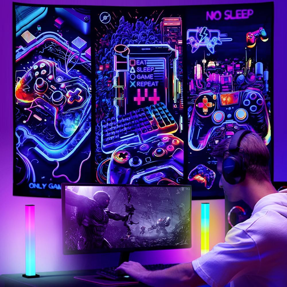 Galoker Blacklight Gaming Tapestry Cool Neon Game Controller Tapestry UV Reactive Gamer Player Wall Tapestries Funny Art Gaming Poster Tapestries Wall Hanging for Home Decor