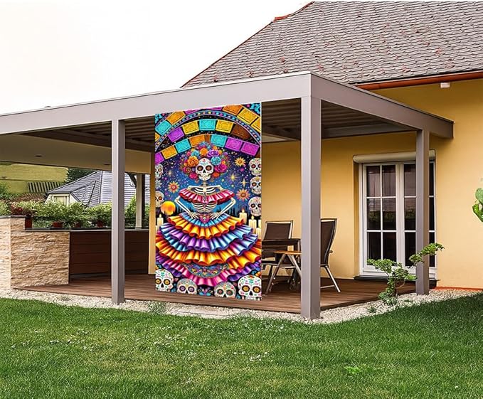 2D flat Colorful Sugar Skull Day of the Dead Door Decorations Día de los Muertos Door Cover Banner Indoor Outdoor Front Door 71x35 Inch