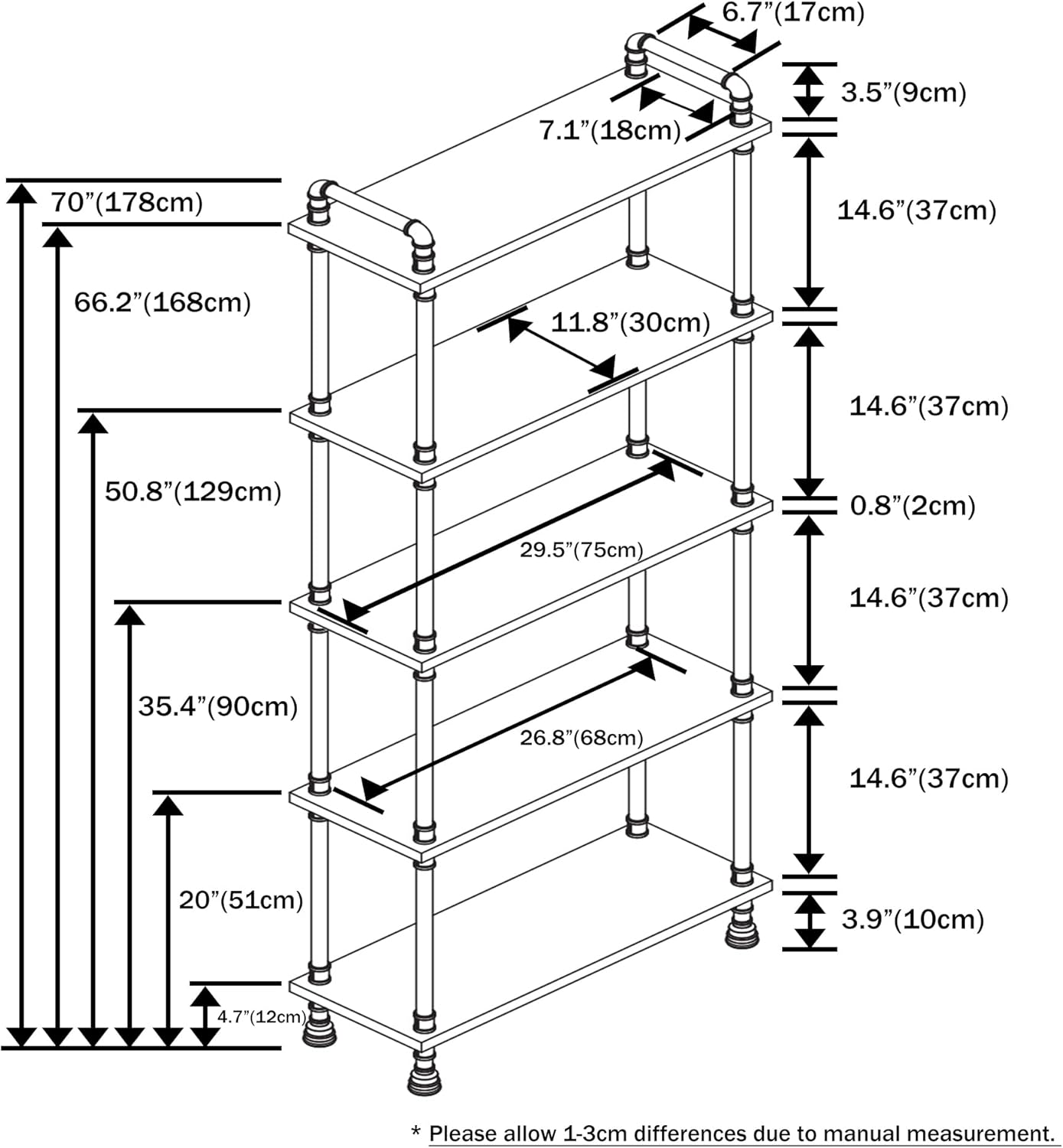 Industrial Bookshelf, 5 Shelf Bookcase, Rustic Brown Pipe Shelving (29.5" L x 11.8" W x 70" H)