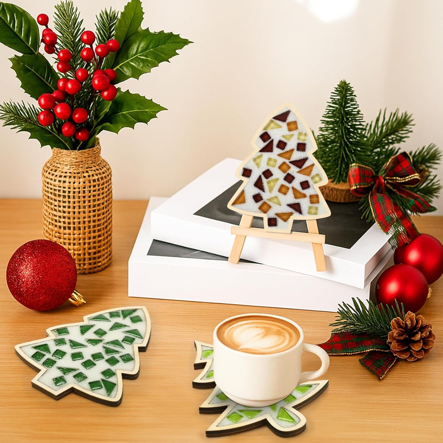 Honeydak 6 Sets DIY Glass Mosaic Tiles with 6 Wooden Coasters Making Mosaic Crafts Material Package Mixed Stained Glass for Handmade Colorful Home Decor Gift Indoor (Christmas Tree,Neutral Color)