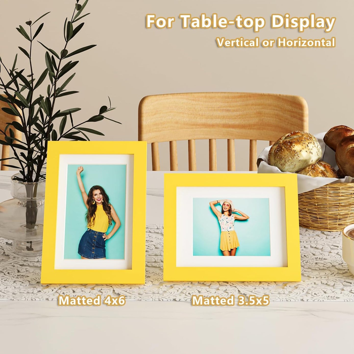 KINLINK 5x7 Picture Frame Yellow, Solid Wood Frames with Acrylic Plexiglass for 3.5x5/4x6 with Mat or 5x7 without Mat, Tabletop and Wall Display Photo Frame, Set of 4